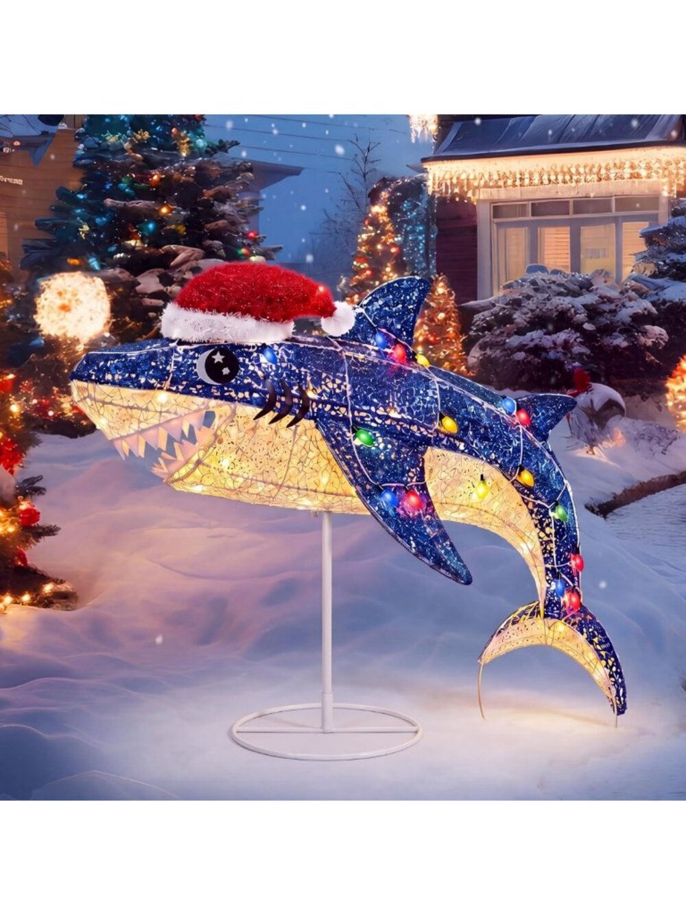 3D Lighted Shark Coastal Beach Christmas Decor - Festive Ocean Holiday Accent